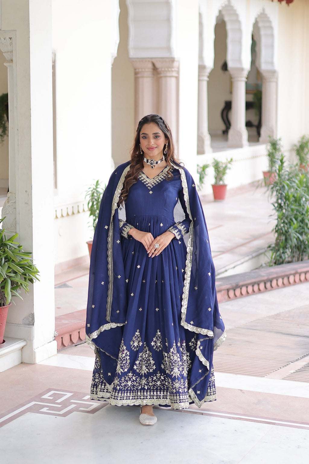 Prazu Fashion Blue Vichitra Silk Rich Sequins Embroidered Work Gown With Dupatta | Grocsy