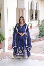 Prazu Fashion Blue Vichitra Silk Rich Sequins Embroidered Work Gown With Dupatta | Grocsy