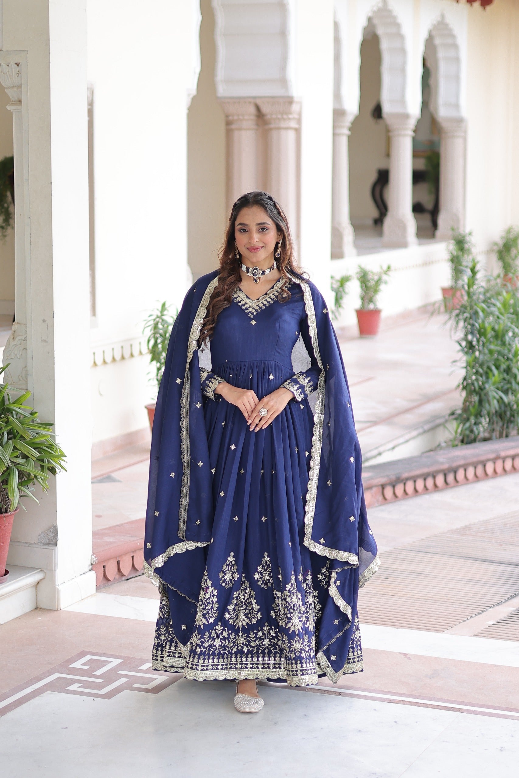 Prazu Fashion Blue Vichitra Silk Rich Sequins Embroidered Work Gown With Dupatta | Grocsy
