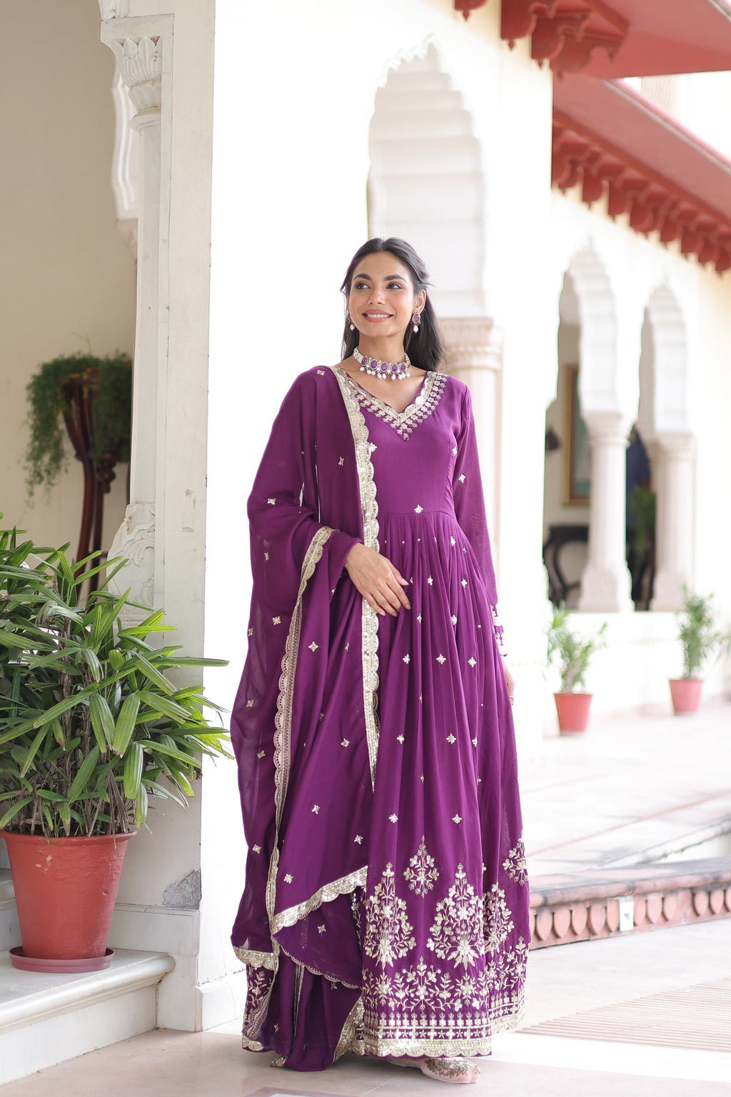 Prazu Fashion Wine Vichitra Silk Rich Sequins Embroidered Work Gown With Dupatta | Grocsy