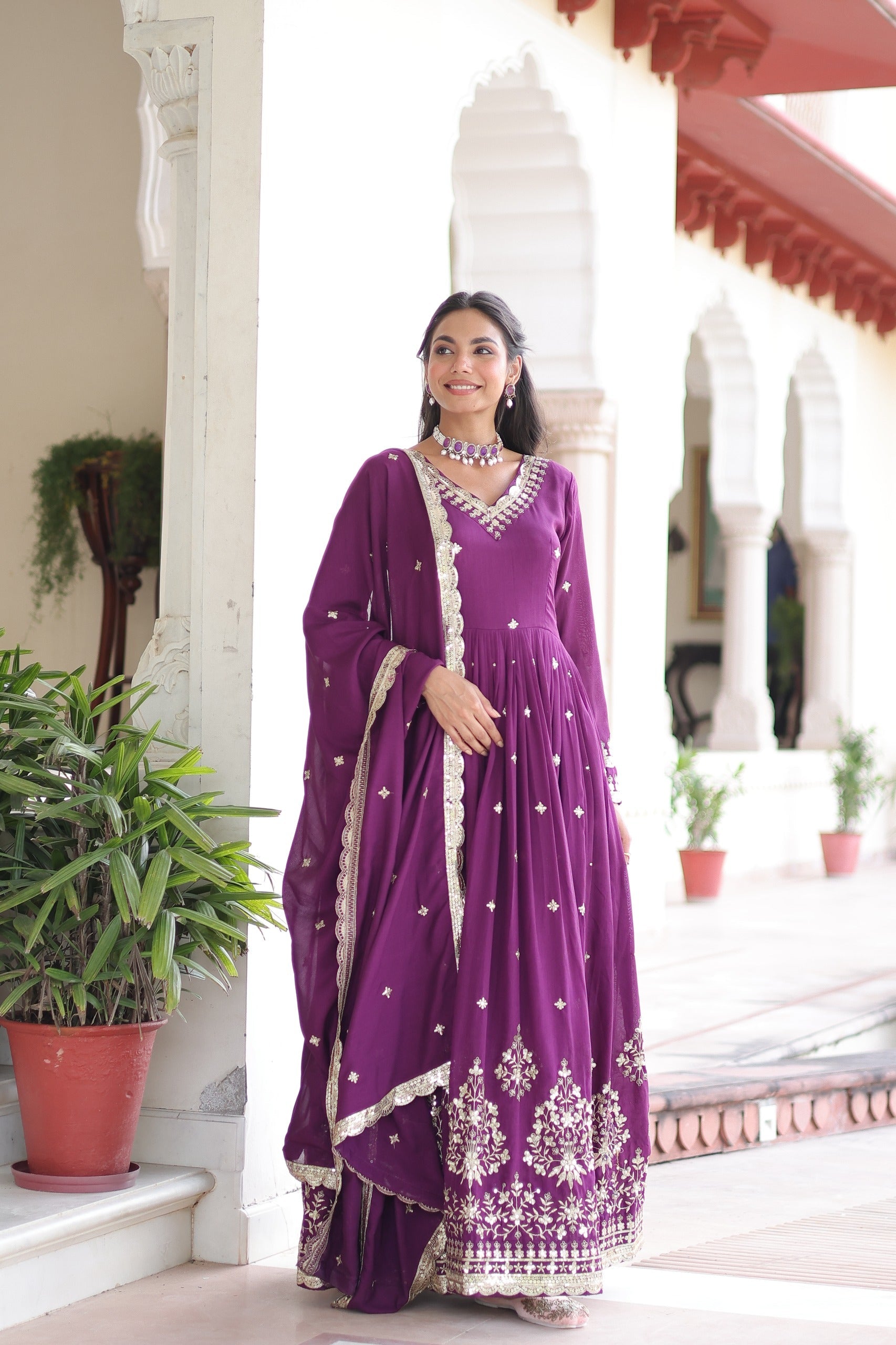 Prazu Fashion Wine Vichitra Silk Rich Sequins Embroidered Work Gown With Dupatta | Grocsy