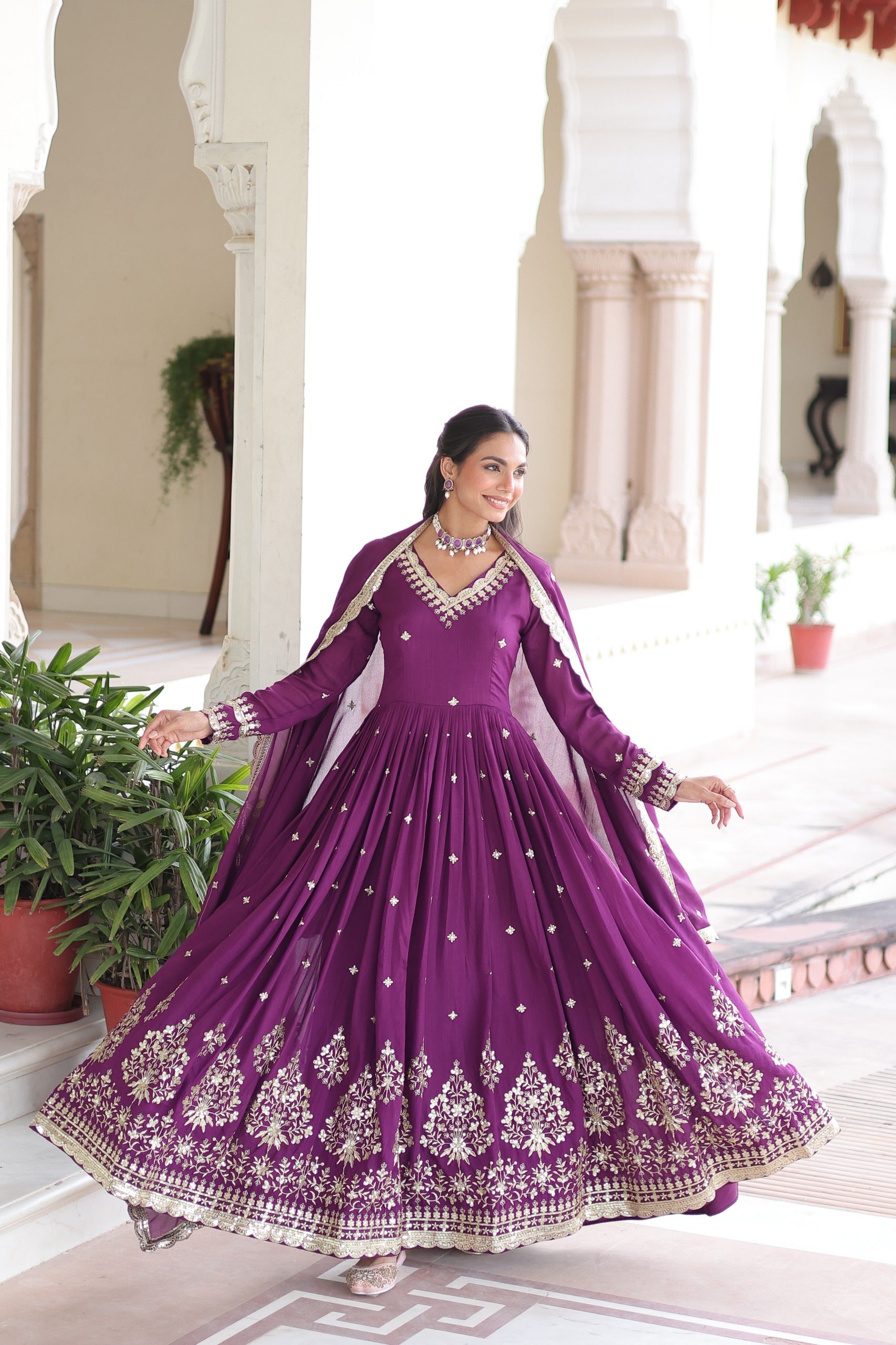 Prazu Fashion Wine Vichitra Silk Rich Sequins Embroidered Work Gown With Dupatta | Grocsy