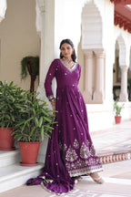Prazu Fashion Wine Vichitra Silk Rich Sequins Embroidered Work Gown With Dupatta | Grocsy