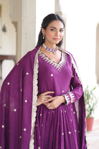 Prazu Fashion Wine Vichitra Silk Rich Sequins Embroidered Work Gown With Dupatta | Grocsy