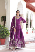 Prazu Fashion Wine Vichitra Silk Rich Sequins Embroidered Work Gown With Dupatta | Grocsy
