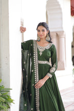 Prazu Fashion Mahendi Vichitra Silk With Rich Sequins Embroidered Gown With Dupatta | Grocsy