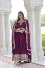 Prazu Fashion Purple Vichitra Silk With Rich Sequins Embroidered Gown With Dupatta | Grocsy
