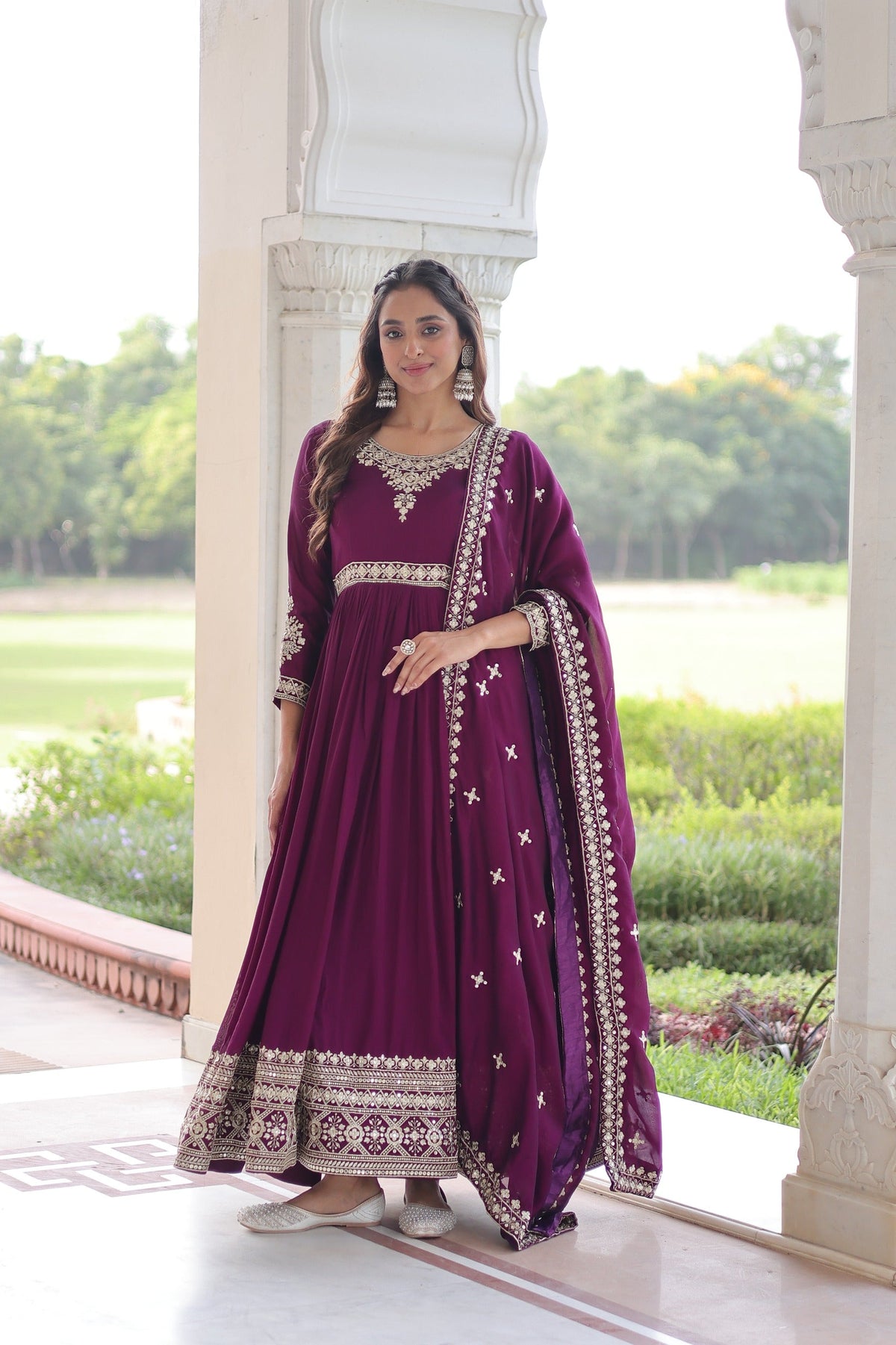 Prazu Fashion Purple Vichitra Silk With Rich Sequins Embroidered Gown With Dupatta | Grocsy