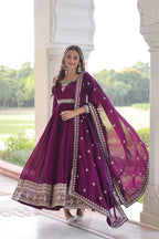 Prazu Fashion Purple Vichitra Silk With Rich Sequins Embroidered Gown With Dupatta | Grocsy