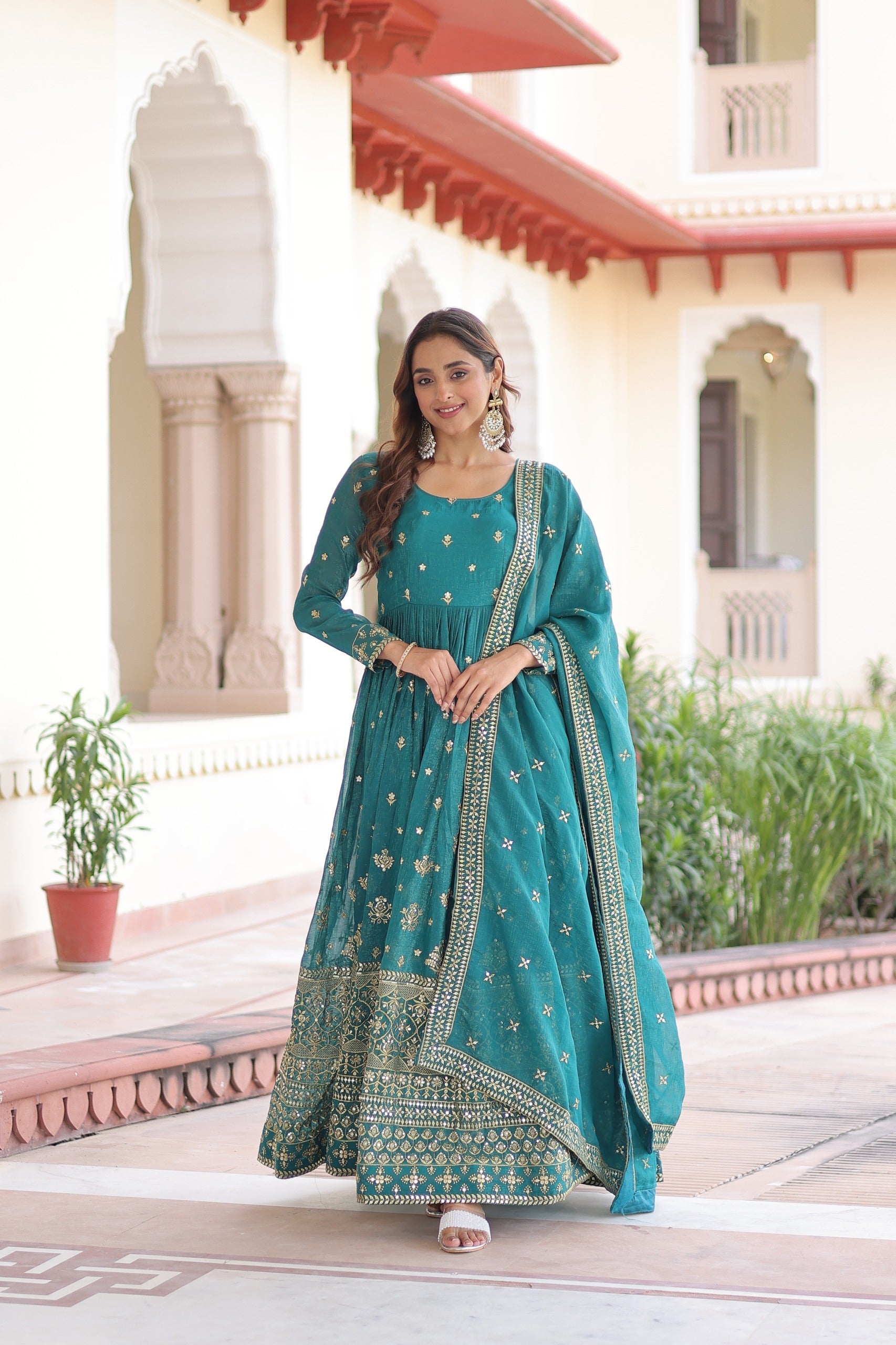 Prazu Fashion Teal Silver Crunchy With Rich Sequins Embroidered Gown With Dupatta | Grocsy