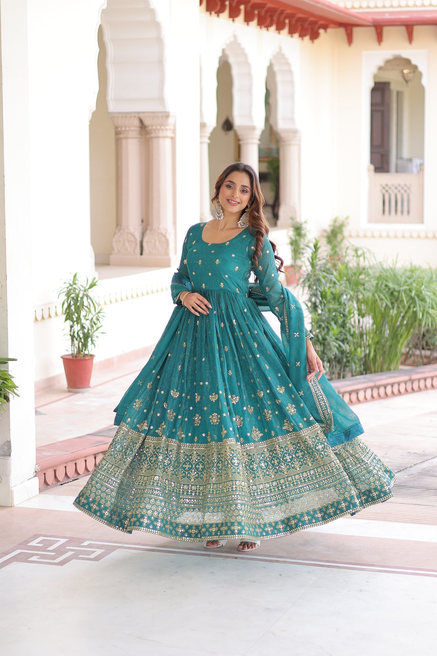 Prazu Fashion Teal Silver Crunchy With Rich Sequins Embroidered Gown With Dupatta | Grocsy