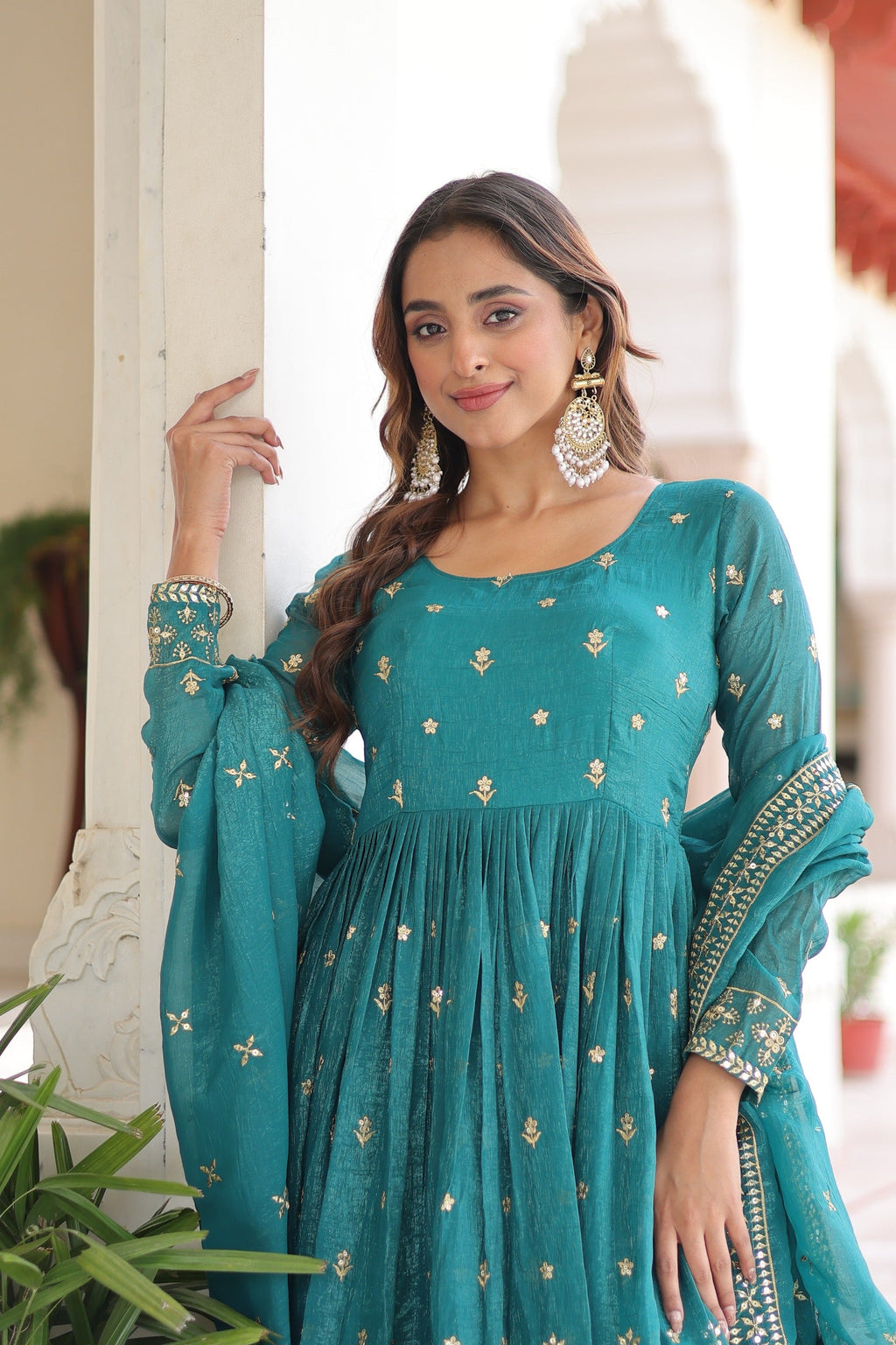 Prazu Fashion Teal Silver Crunchy With Rich Sequins Embroidered Gown With Dupatta | Grocsy