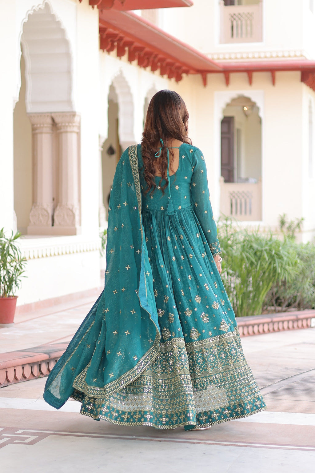 Prazu Fashion Teal Silver Crunchy With Rich Sequins Embroidered Gown With Dupatta | Grocsy