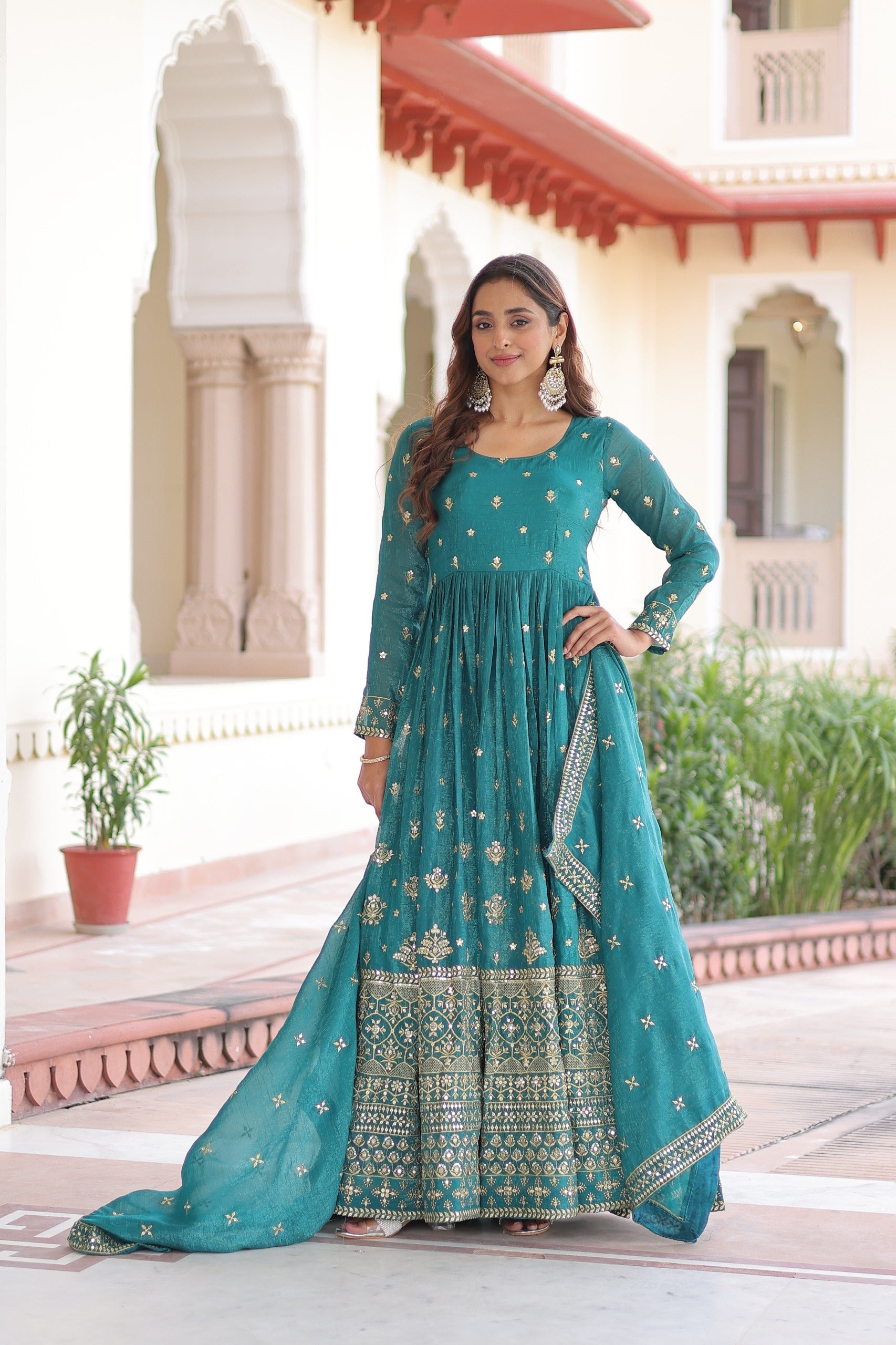 Prazu Fashion Teal Silver Crunchy With Rich Sequins Embroidered Gown With Dupatta | Grocsy