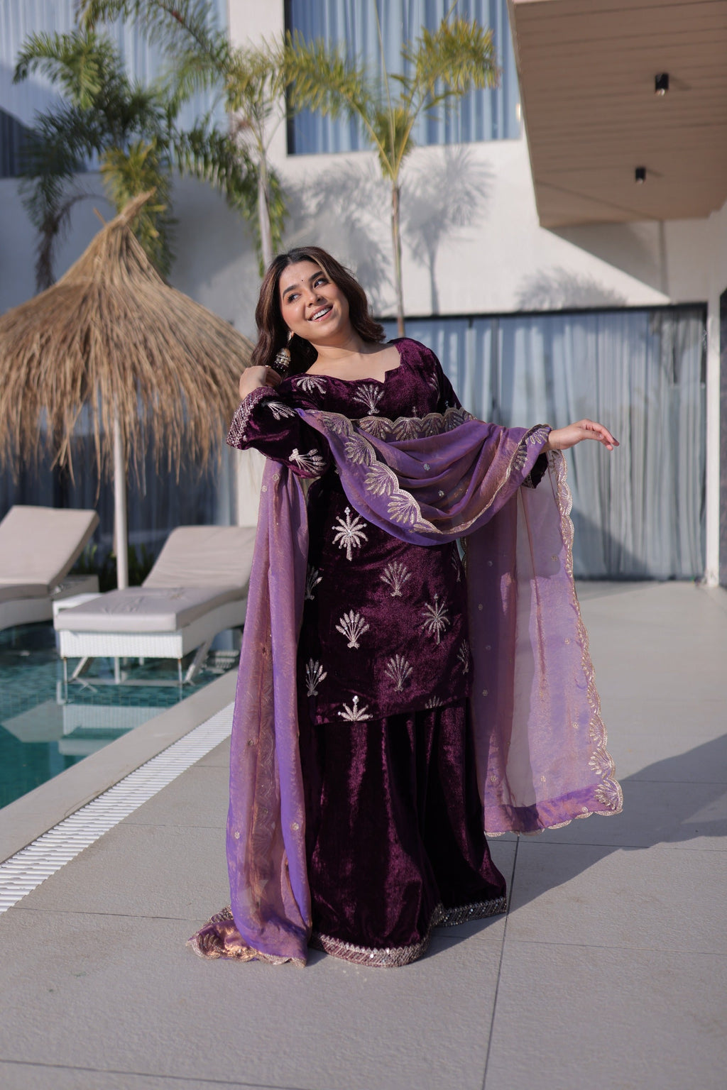 Prazu Fashion Wine Velvet Rich Zari Embroidered Work Palazzo Suit | Grocsy