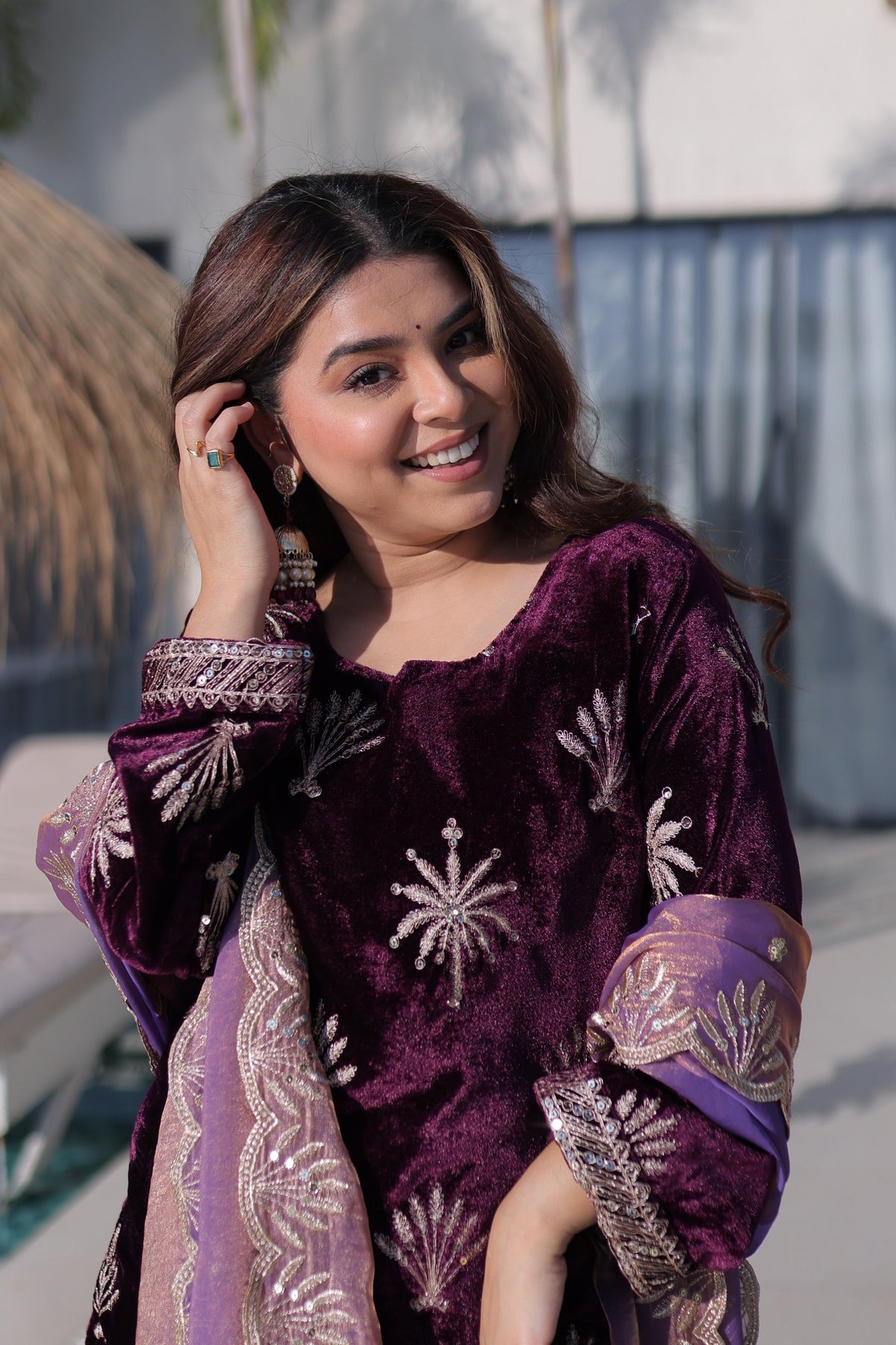 Prazu Fashion Wine Velvet Rich Zari Embroidered Work Palazzo Suit | Grocsy