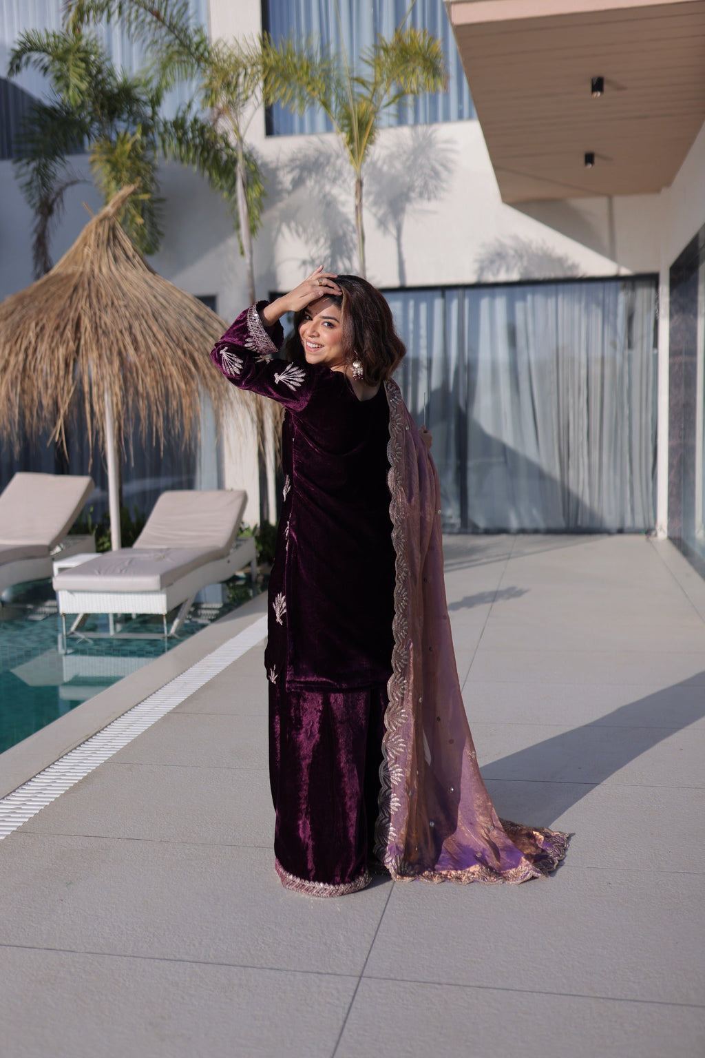 Prazu Fashion Wine Velvet Rich Zari Embroidered Work Palazzo Suit | Grocsy