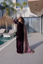Prazu Fashion Wine Velvet Rich Zari Embroidered Work Palazzo Suit | Grocsy