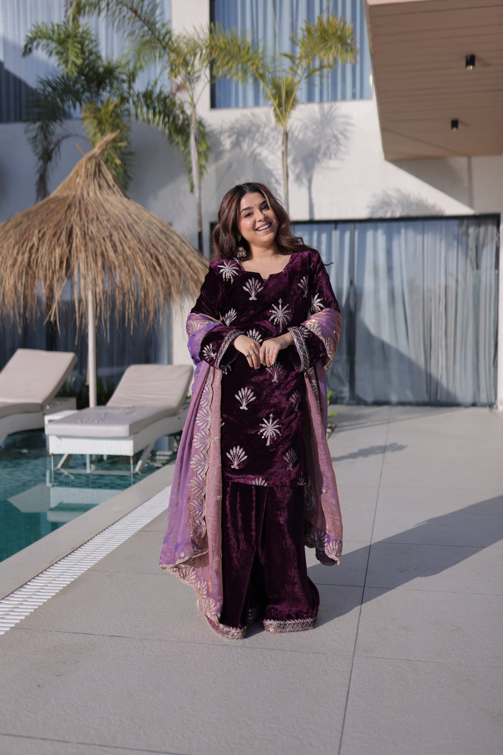 Prazu Fashion Wine Velvet Rich Zari Embroidered Work Palazzo Suit | Grocsy