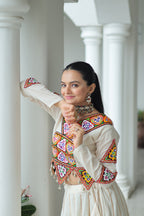 Prazu Fashion Off White Kora Cotton Kutchi Gamthi Navaratri Lehenga | Grocsy