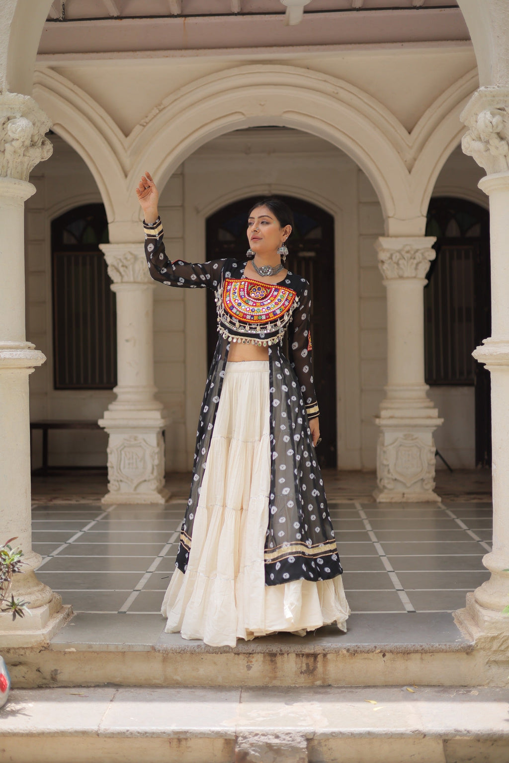 Prazu Fashion Black Georgette Bandhani Print With Kutchi Patchwork Navratri Lehenga Kurti | Grocsy