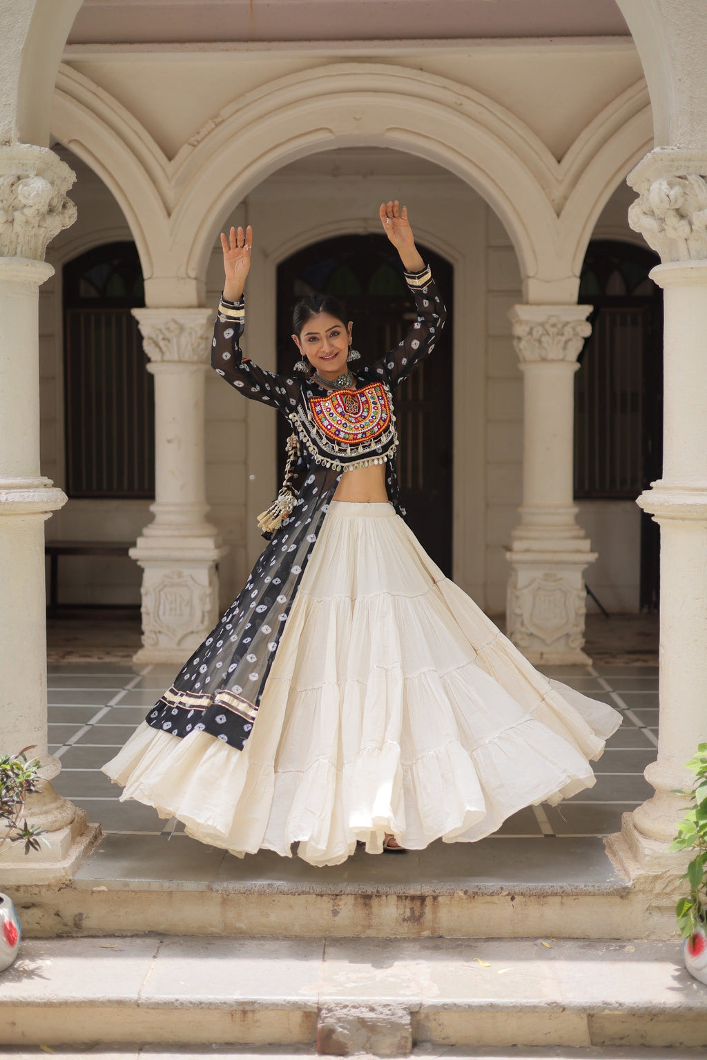 Prazu Fashion Black Georgette Bandhani Print With Kutchi Patchwork Navratri Lehenga Kurti | Grocsy
