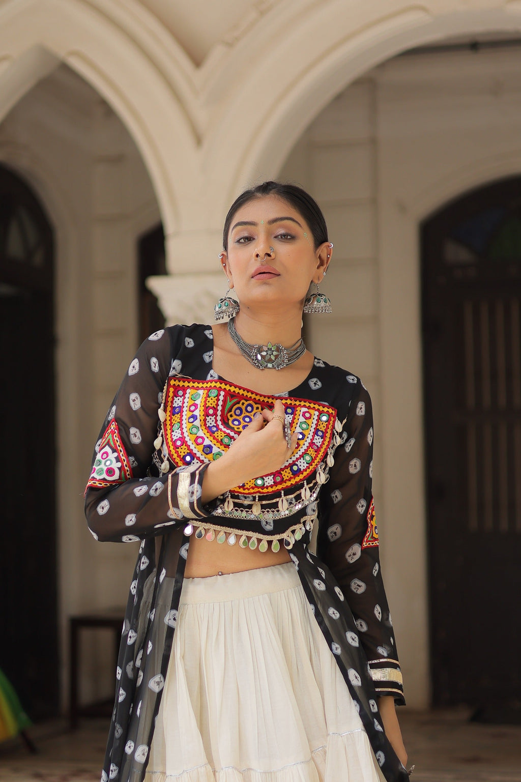 Prazu Fashion Black Georgette Bandhani Print With Kutchi Patchwork Navratri Lehenga Kurti | Grocsy