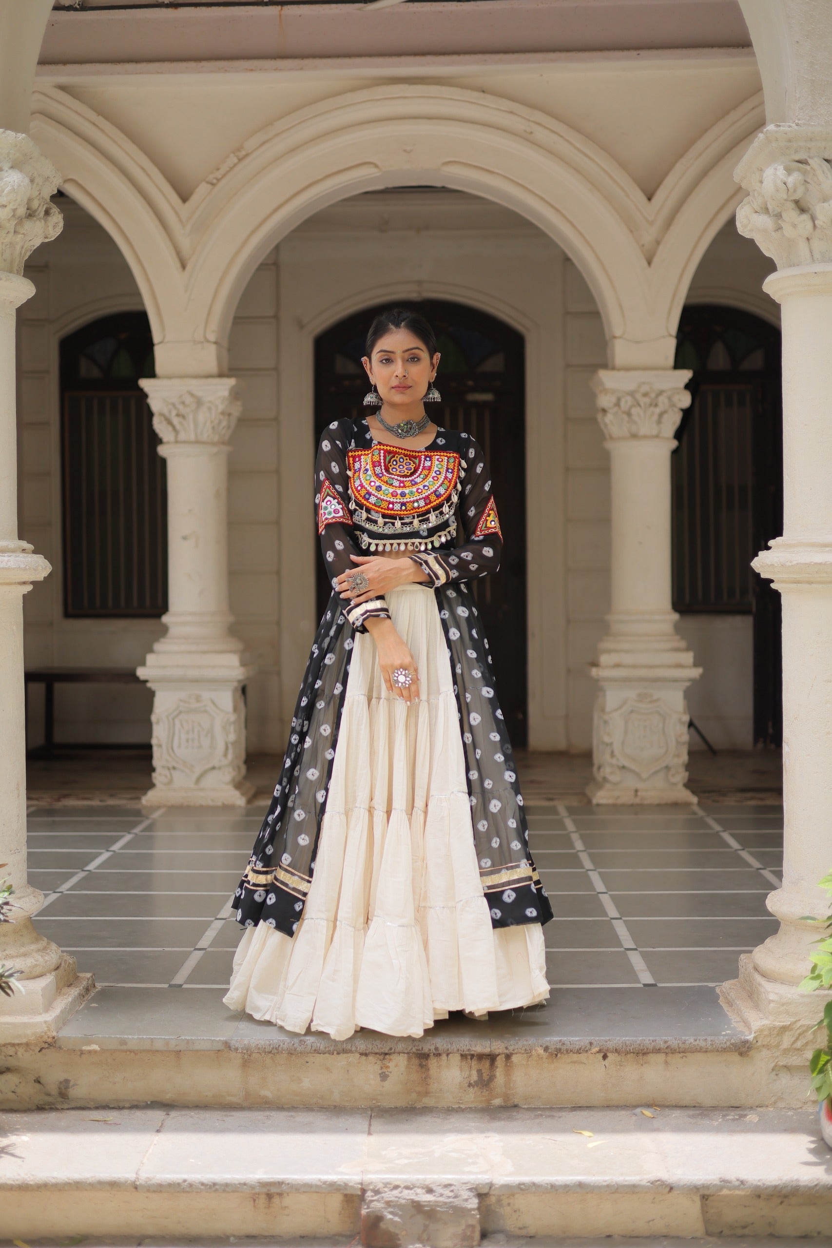Prazu Fashion Black Georgette Bandhani Print With Kutchi Patchwork Navratri Lehenga Kurti | Grocsy