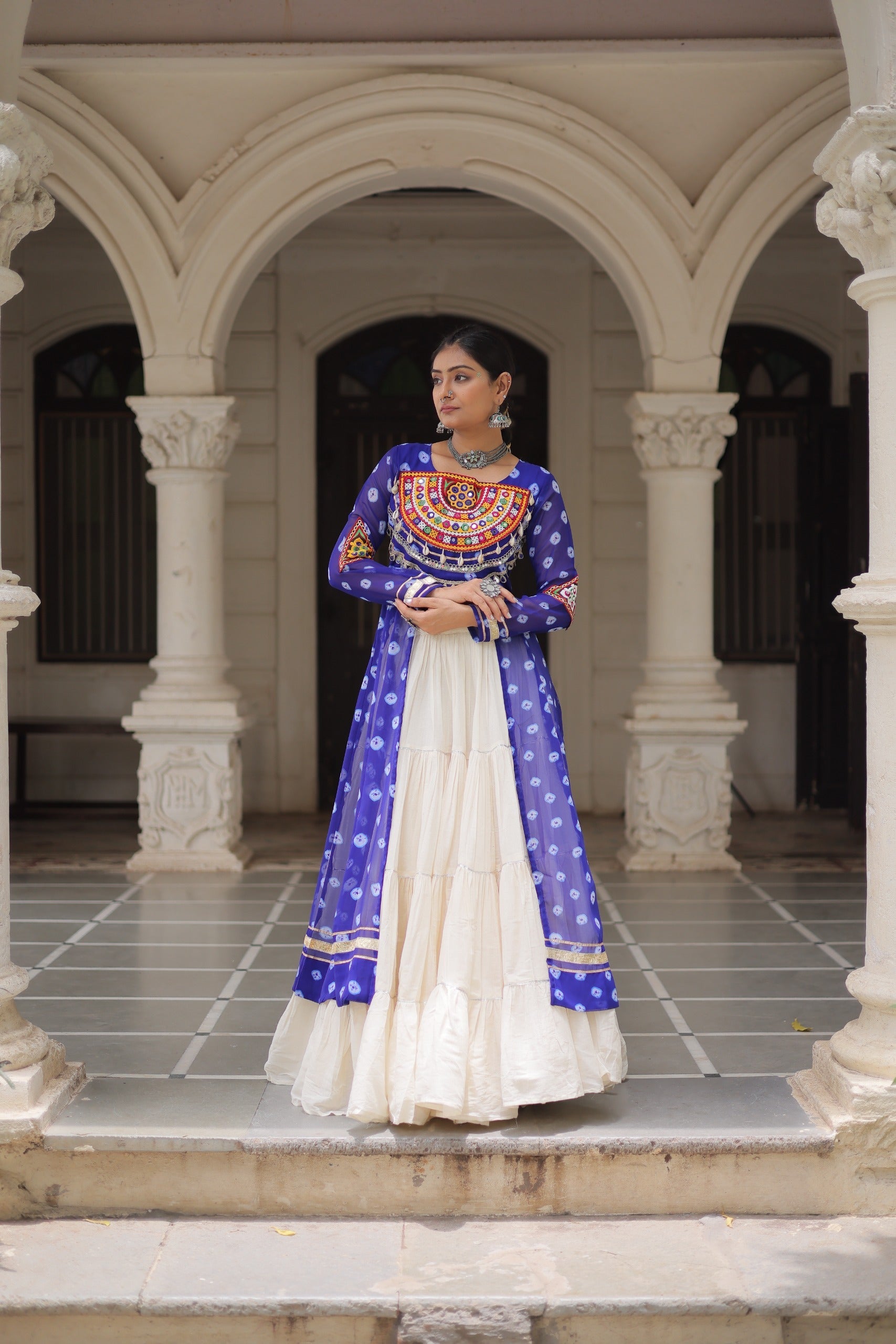 Prazu Fashion Blue Georgette Bandhani Print With Kutchi Patchwork Navratri Lehenga Kurti | Grocsy