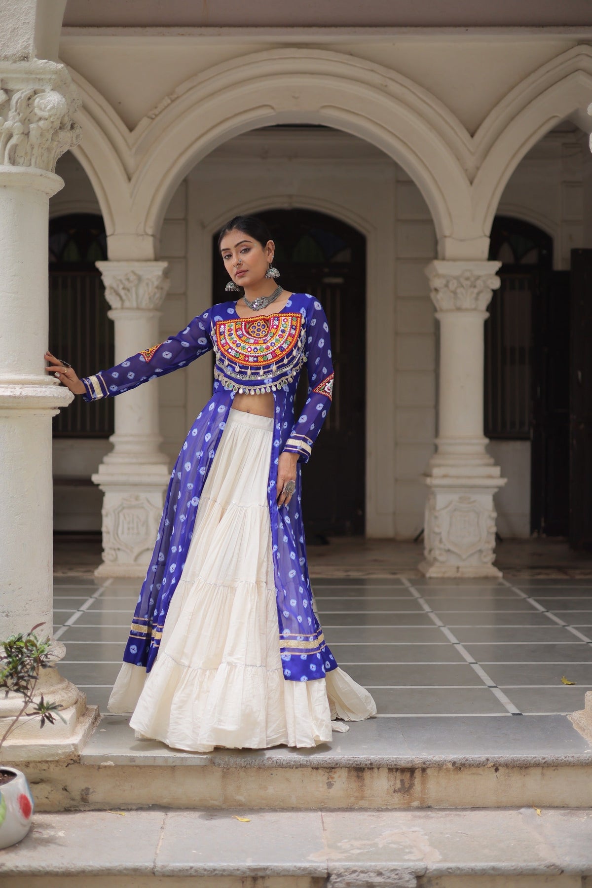 Prazu Fashion Blue Georgette Bandhani Print With Kutchi Patchwork Navratri Lehenga Kurti | Grocsy