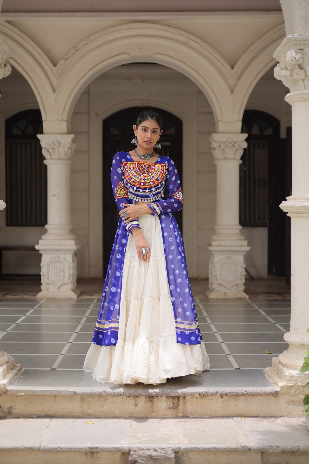 Prazu Fashion Blue Georgette Bandhani Print With Kutchi Patchwork Navratri Lehenga Kurti | Grocsy