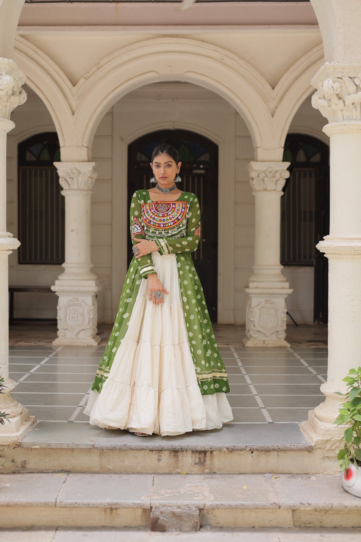 Prazu Fashion Mehendi Georgette Bandhani Print With Kutchi Patchwork Navratri Lehenga Kurti | Grocsy