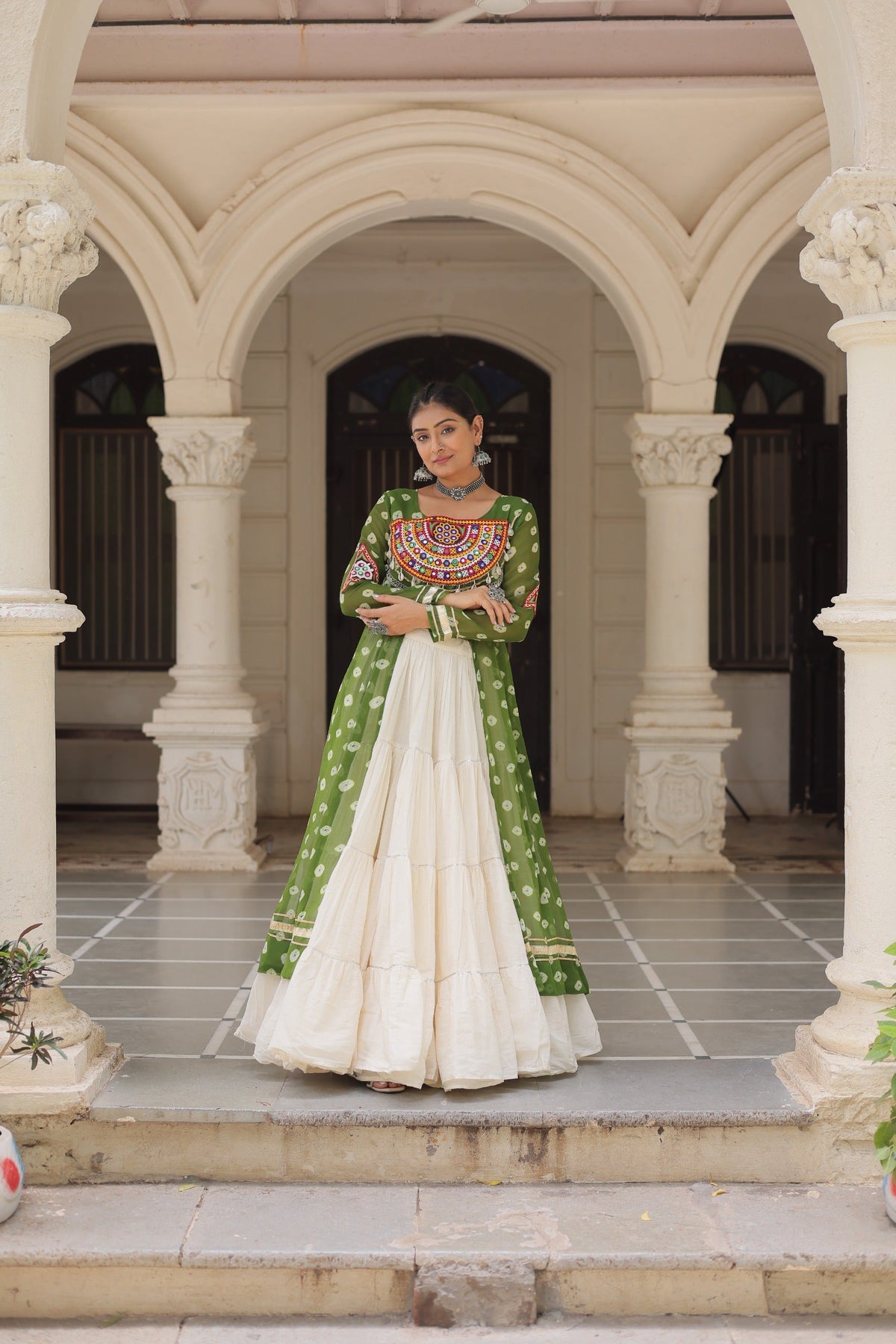 Prazu Fashion Mehendi Georgette Bandhani Print With Kutchi Patchwork Navratri Lehenga Kurti | Grocsy