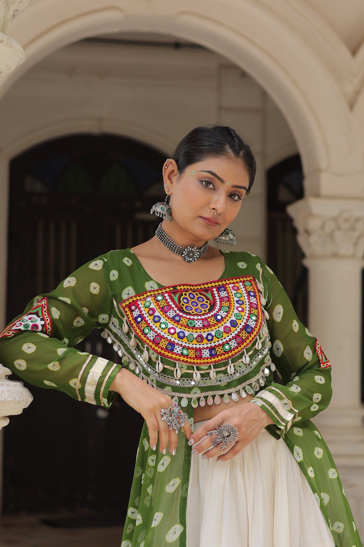 Prazu Fashion Mehendi Georgette Bandhani Print With Kutchi Patchwork Navratri Lehenga Kurti | Grocsy