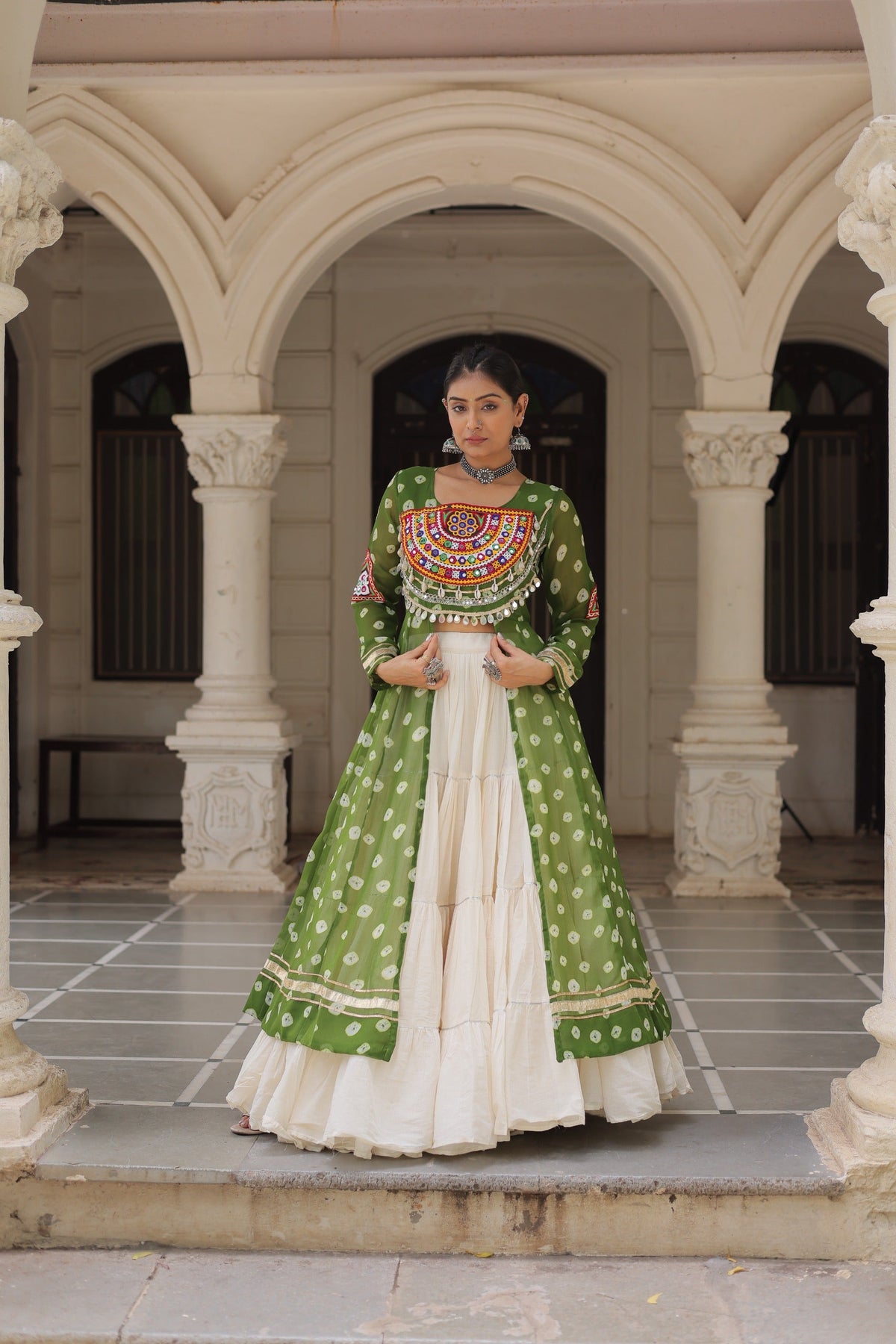 Prazu Fashion Mehendi Georgette Bandhani Print With Kutchi Patchwork Navratri Lehenga Kurti | Grocsy