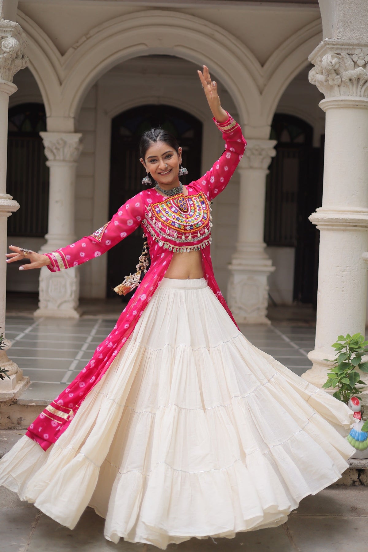 Prazu Fashion Pink Georgette Bandhani Print With Kutchi Patchwork Navratri Lehenga Kurti | Grocsy