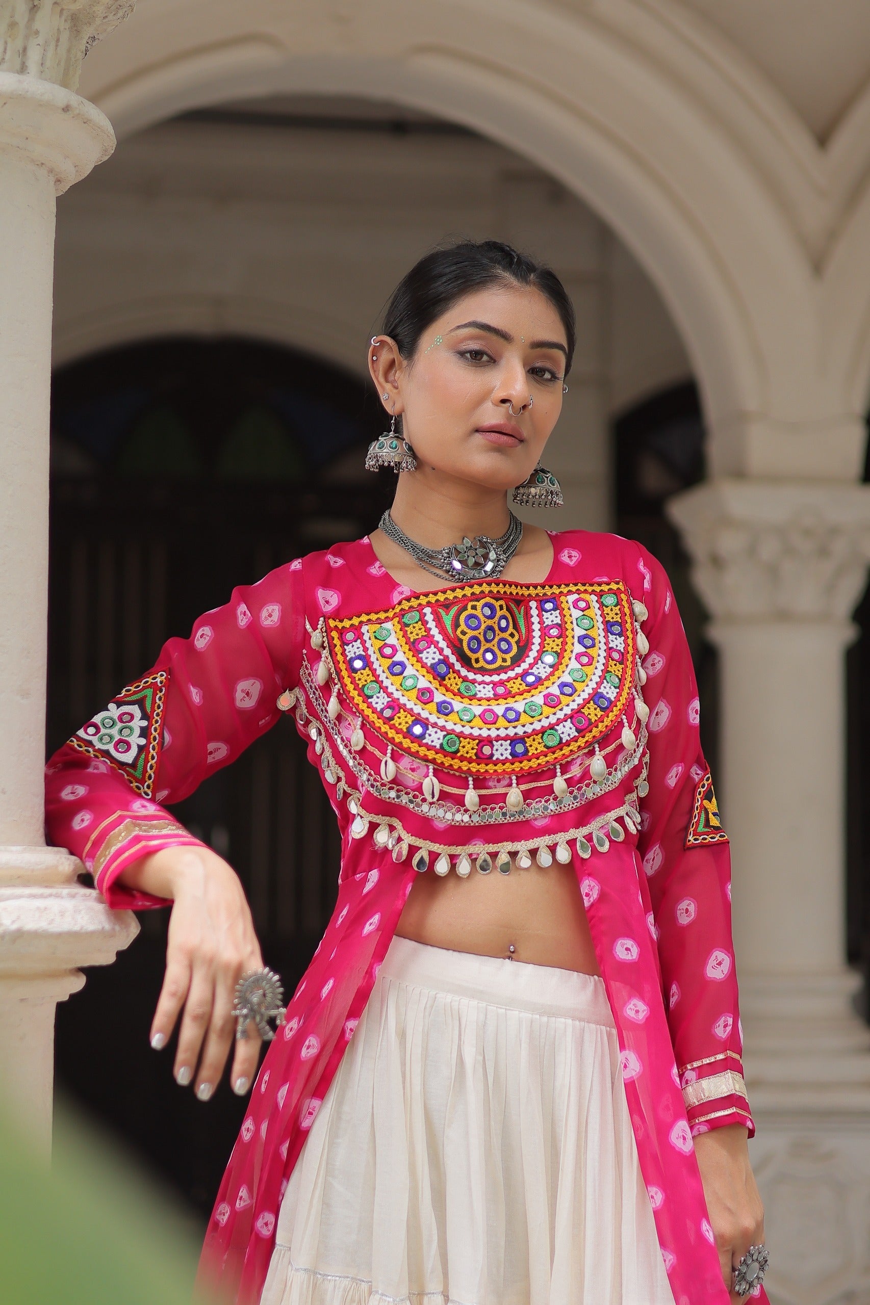 Prazu Fashion Pink Georgette Bandhani Print With Kutchi Patchwork Navratri Lehenga Kurti | Grocsy