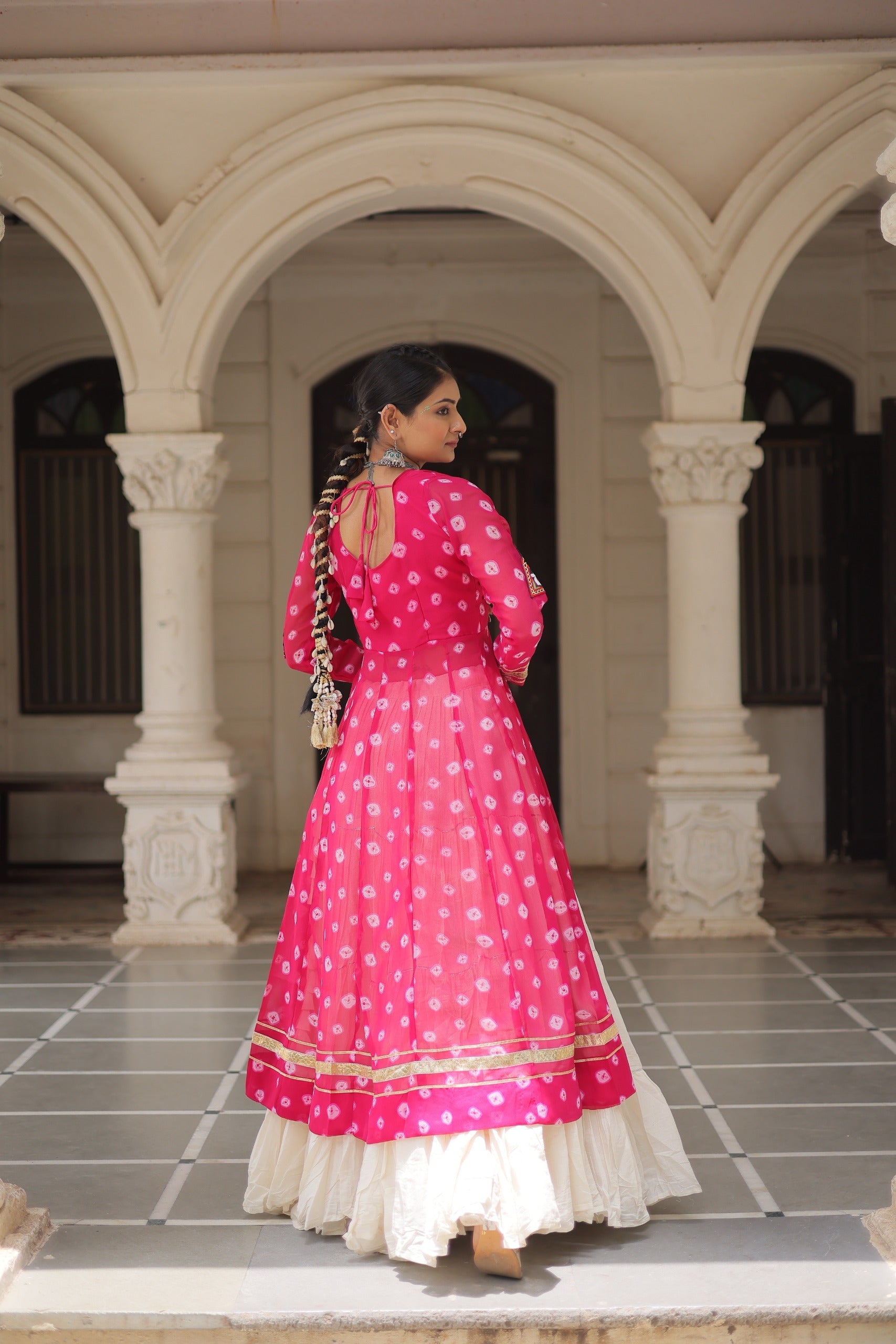Prazu Fashion Pink Georgette Bandhani Print With Kutchi Patchwork Navratri Lehenga Kurti | Grocsy