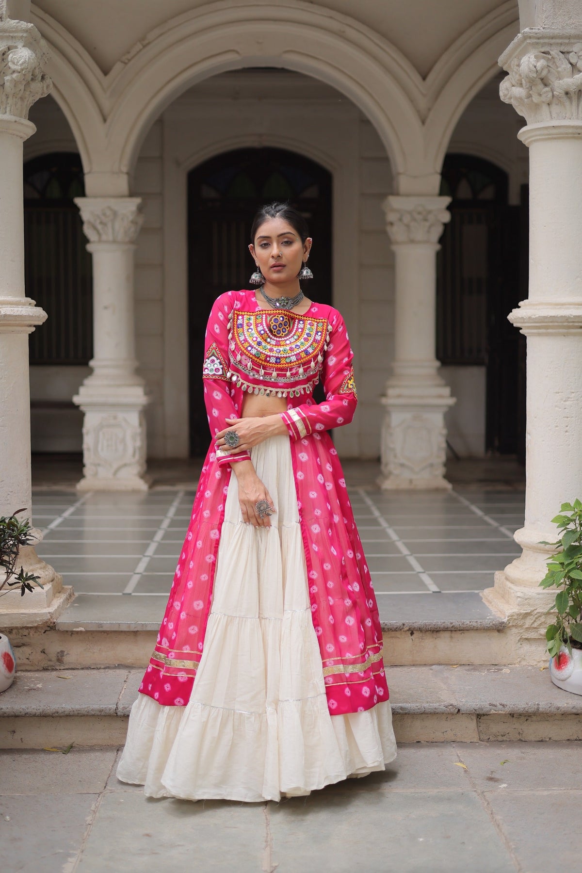 Prazu Fashion Pink Georgette Bandhani Print With Kutchi Patchwork Navratri Lehenga Kurti | Grocsy