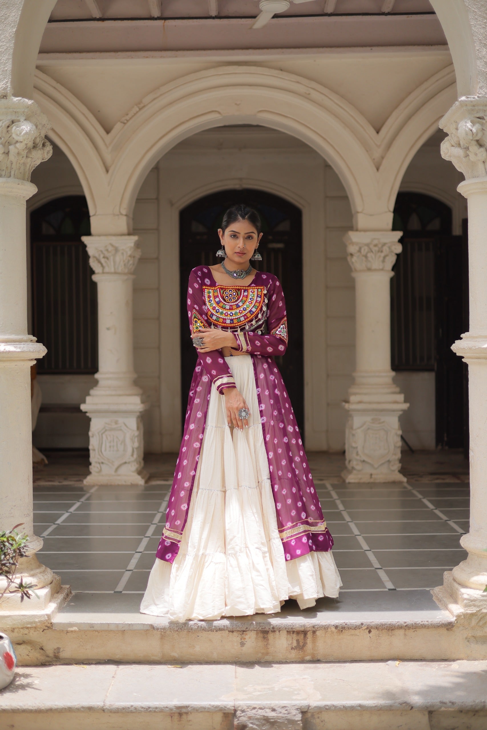 Prazu Fashion Wine Georgette Bandhani Print With Kutchi Patchwork Navratri Lehenga Kurti | Grocsy