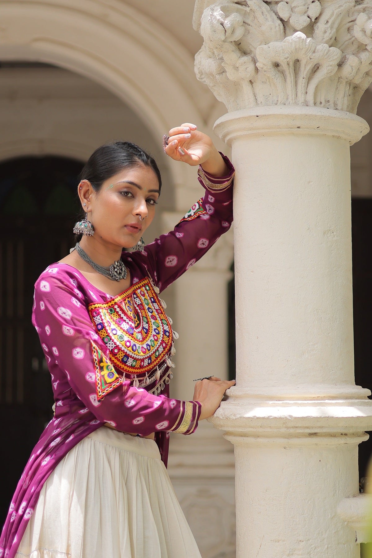 Prazu Fashion Wine Georgette Bandhani Print With Kutchi Patchwork Navratri Lehenga Kurti | Grocsy