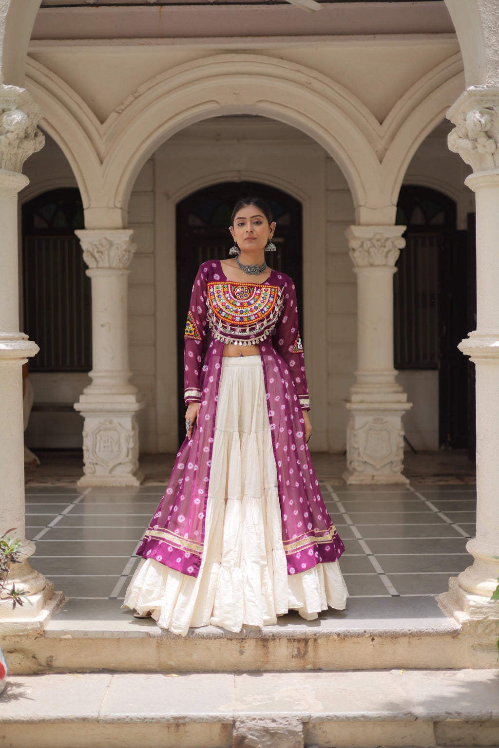 Prazu Fashion Wine Georgette Bandhani Print With Kutchi Patchwork Navratri Lehenga Kurti | Grocsy