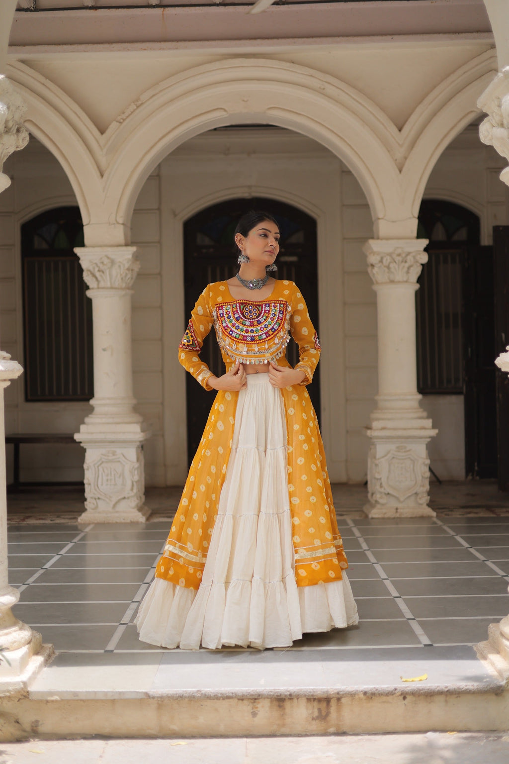 Prazu Fashion Yellow Georgette Bandhani Print With Kutchi Patchwork Navratri Lehenga Kurti | Grocsy