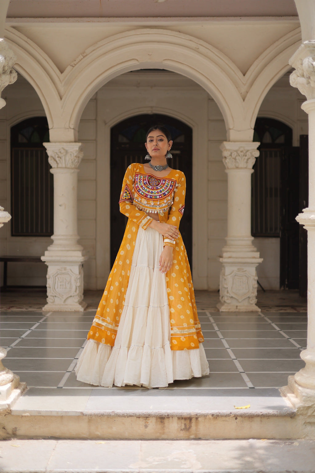 Prazu Fashion Yellow Georgette Bandhani Print With Kutchi Patchwork Navratri Lehenga Kurti | Grocsy