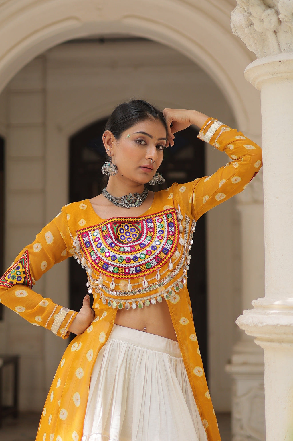 Prazu Fashion Yellow Georgette Bandhani Print With Kutchi Patchwork Navratri Lehenga Kurti | Grocsy