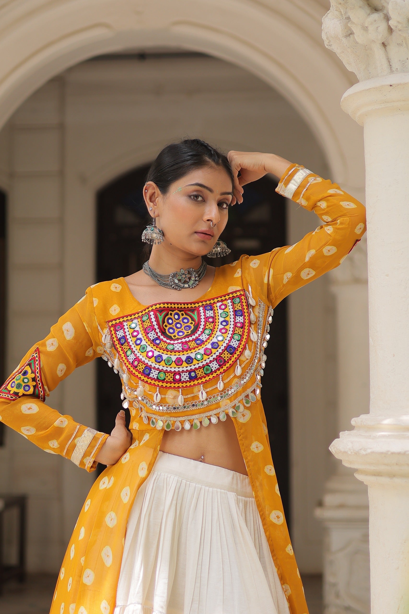 Prazu Fashion Yellow Georgette Bandhani Print With Kutchi Patchwork Navratri Lehenga Kurti | Grocsy