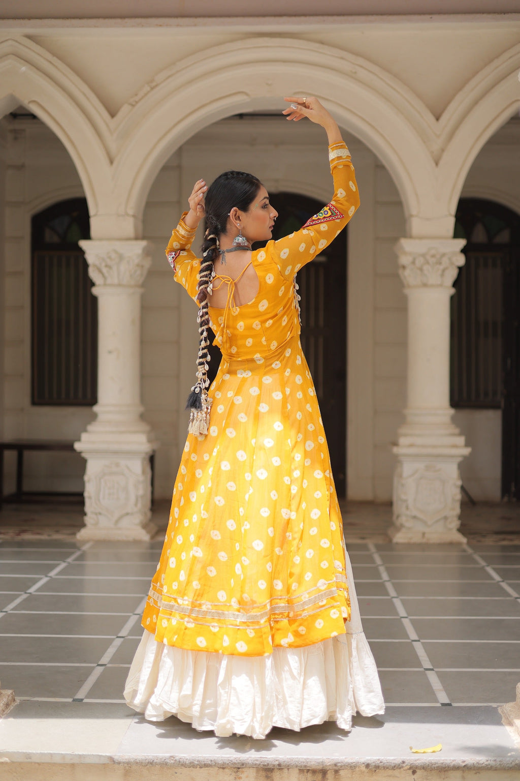 Prazu Fashion Yellow Georgette Bandhani Print With Kutchi Patchwork Navratri Lehenga Kurti | Grocsy