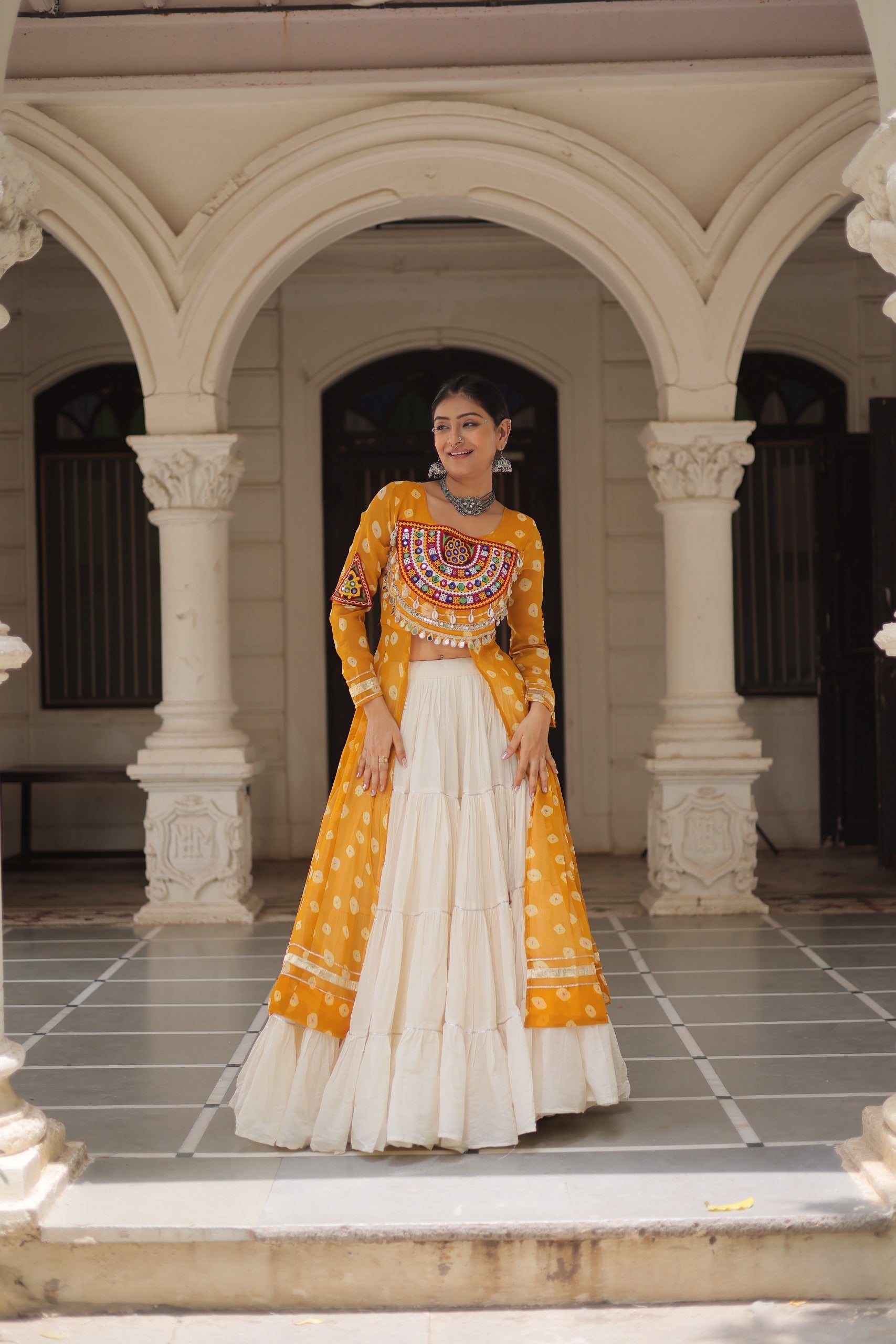 Prazu Fashion Yellow Georgette Bandhani Print With Kutchi Patchwork Navratri Lehenga Kurti | Grocsy