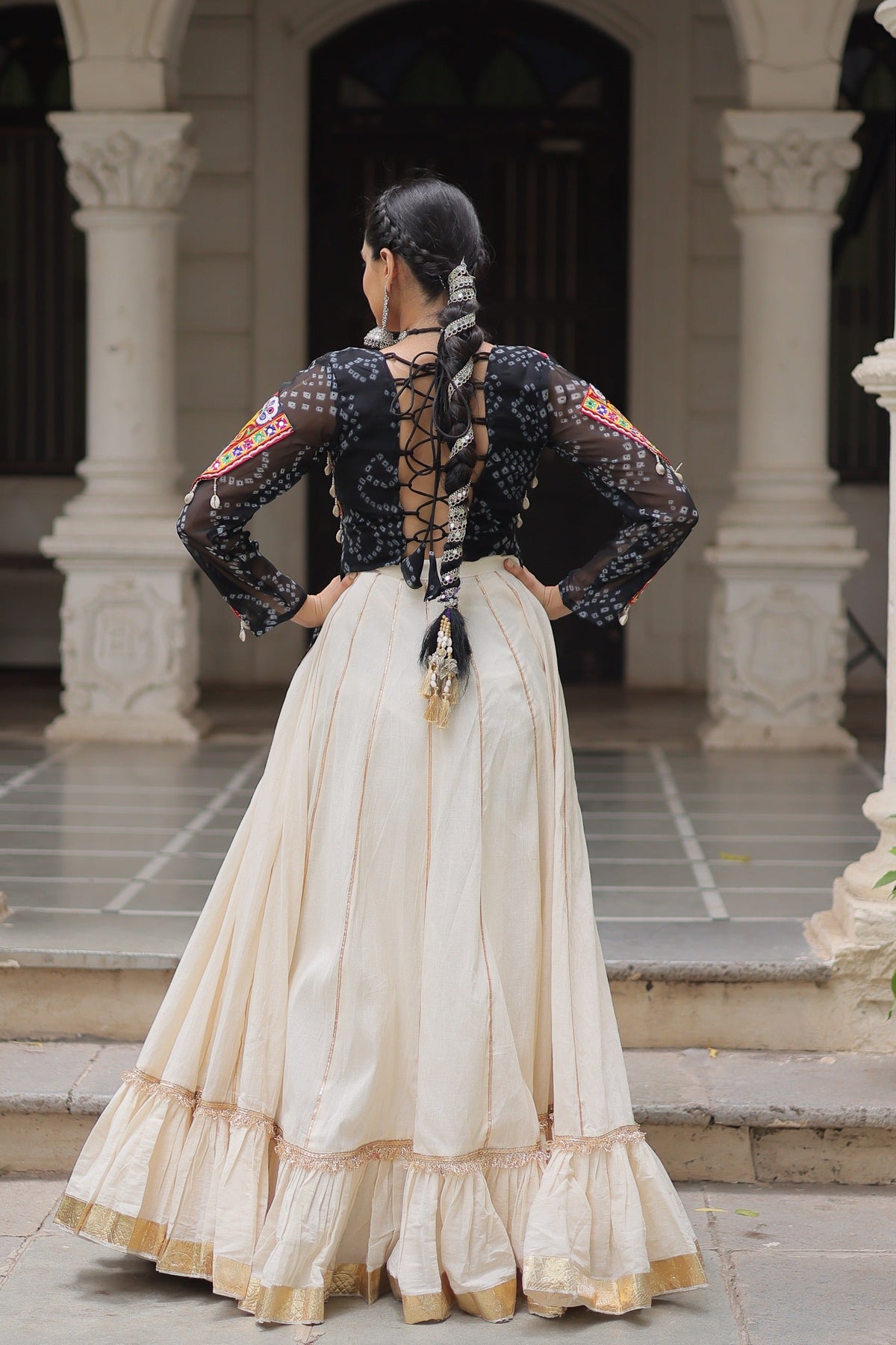 Prazu Fashion Black Georgette Bandhani Print With Kutchi Gamthi Navratri Lehenga | Grocsy