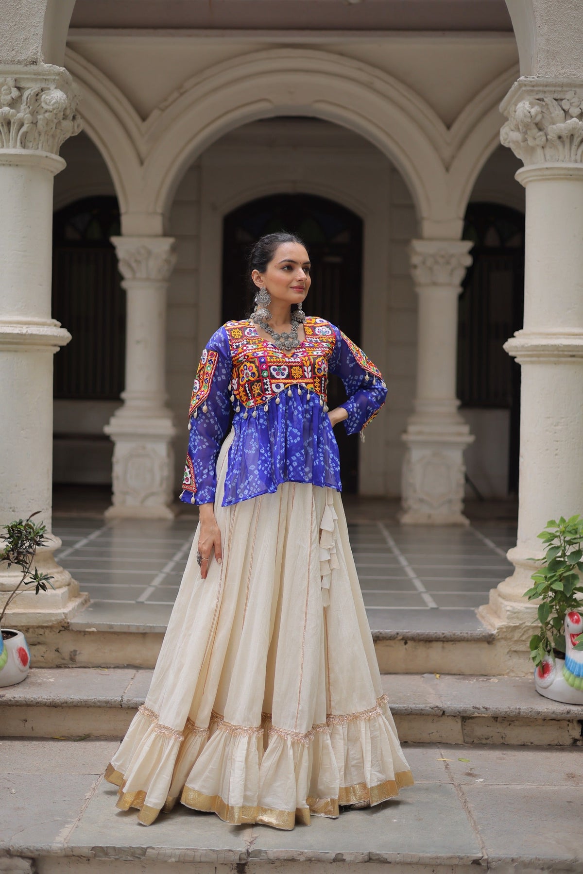 Prazu Fashion Blue Georgette Bandhani Print With Kutchi Gamthi Navratri Lehenga | Grocsy